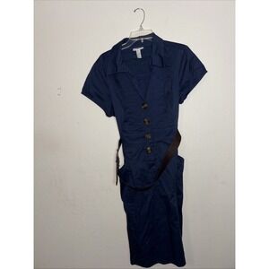 Amanda Lane Snap Button Cotton Belted Navy Blue Dress w/Pintuck Bondice